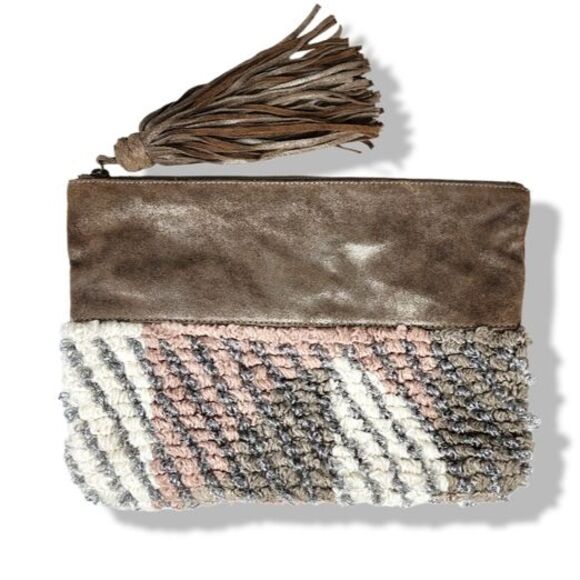 Anthropologie Handbags - Anthropologie Jasper & Jeera Pouch Metallic Leather Cotton Blend Large Tassel